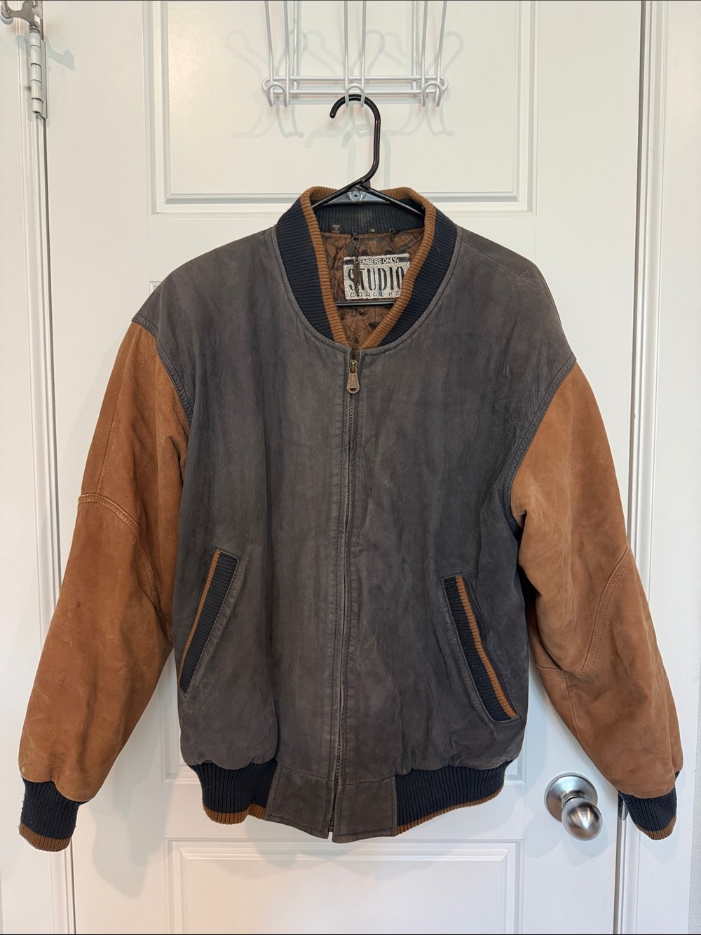 Members Only Two-Tone Suede Bomber Jacket - Gray & Brown
